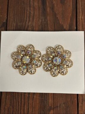 Gold Flower Aurora Borealis Crystal Clip-On Earrings
